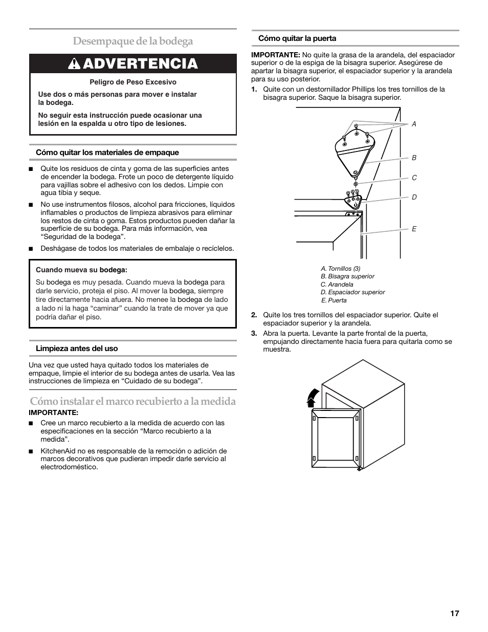 Advertencia, Desempaque de la bodega, Cómo instalar el marco recubierto a la medida | KITCHENAID KUWO24LSBX User Manual | Page 17 / 40