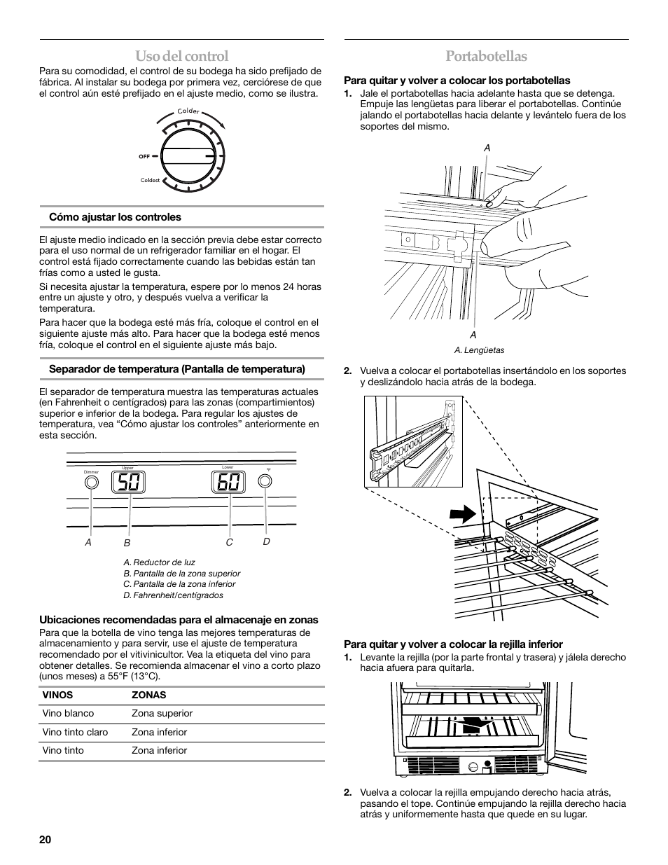 Uso del control, Portabotellas | KITCHENAID KUWO24LSBX User Manual | Page 20 / 40