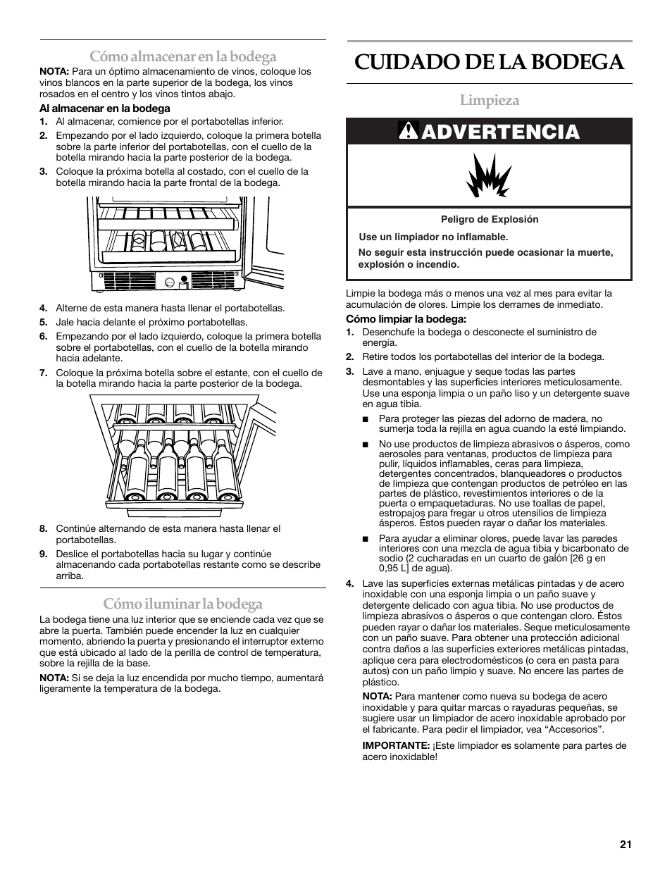 Cuidado de la bodega, Advertencia, Cómo almacenar en la bodega | Cómo iluminar, La bodega, Limpieza | KITCHENAID KUWO24LSBX User Manual | Page 21 / 40