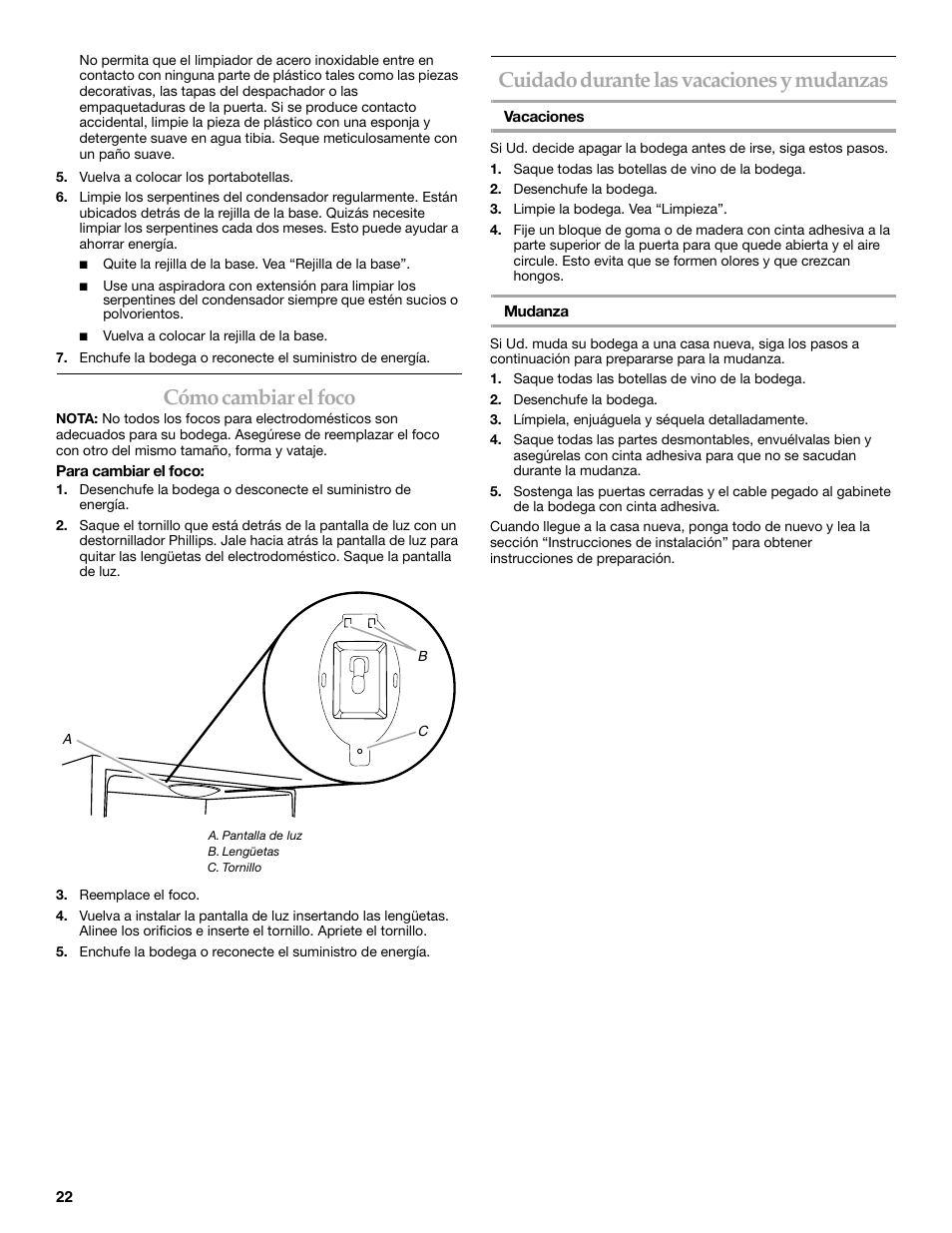 Cómo cambiar el foco, Cuidado durante las vacaciones y mudanzas | KITCHENAID KUWO24LSBX User Manual | Page 22 / 40