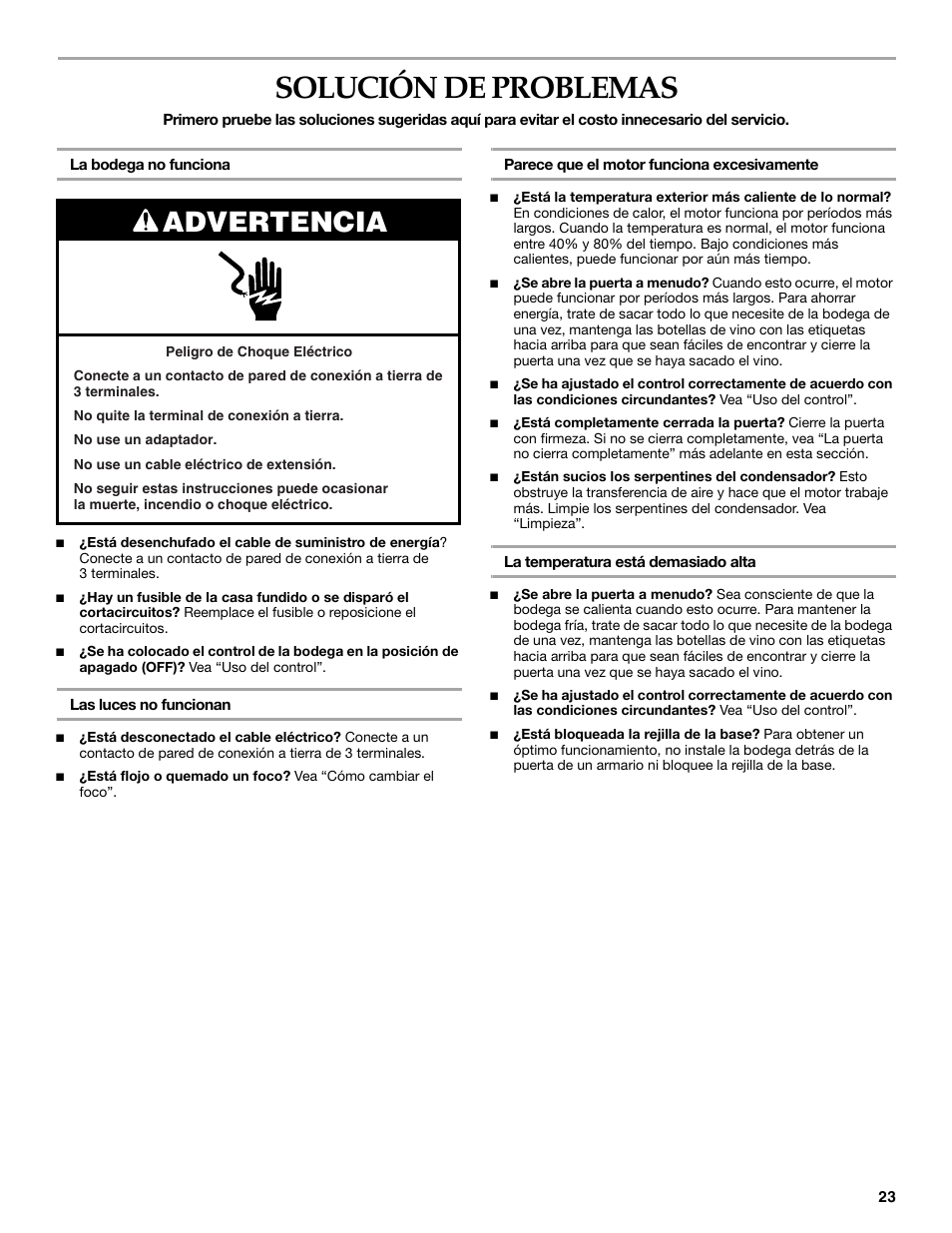 Solución de problemas, Advertencia | KITCHENAID KUWO24LSBX User Manual | Page 23 / 40