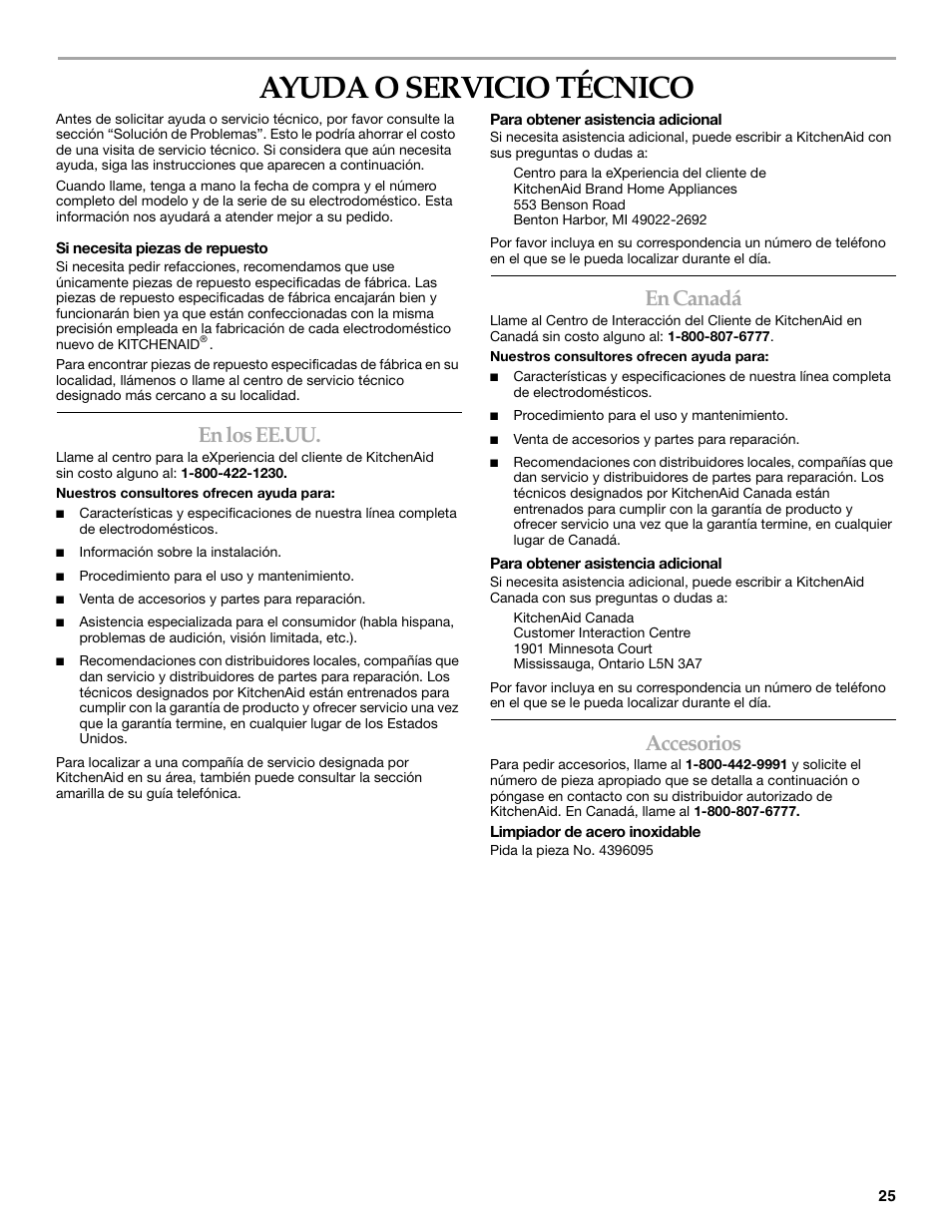 Ayuda o servicio técnico, En los ee.uu, En canadá | Accesorios | KITCHENAID KUWO24LSBX User Manual | Page 25 / 40