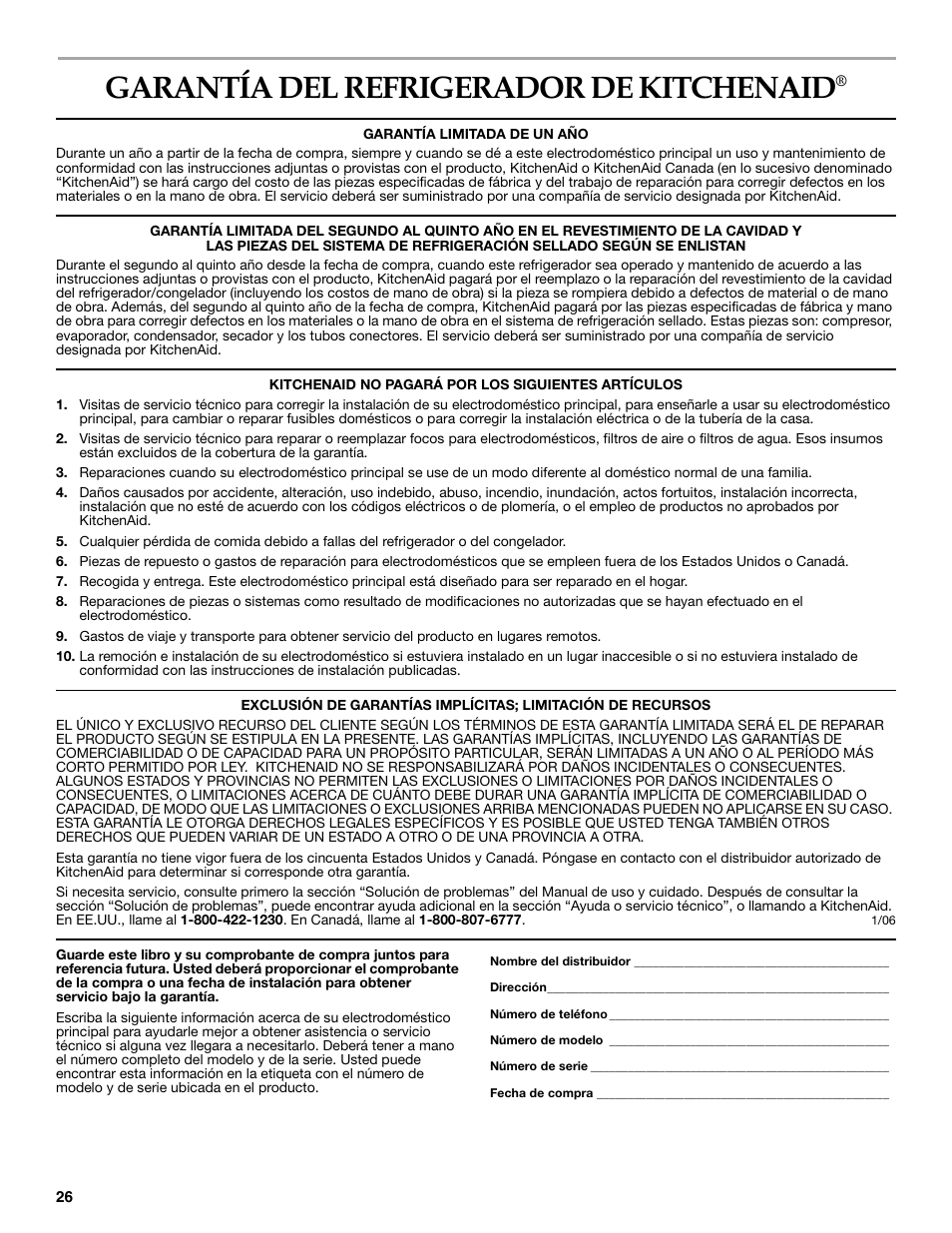 Garantía del refrigerador de kitchenaid | KITCHENAID KUWO24LSBX User Manual | Page 26 / 40