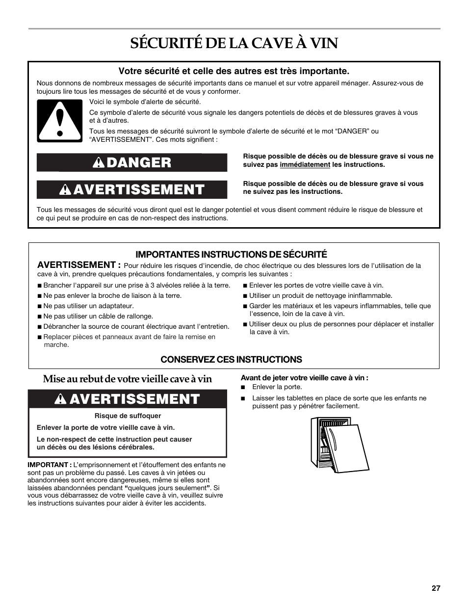 Sécurité de la cave à vin, Avertissement danger, Avertissement | Mise au rebut de votre vieille cave à vin | KITCHENAID KUWO24LSBX User Manual | Page 27 / 40