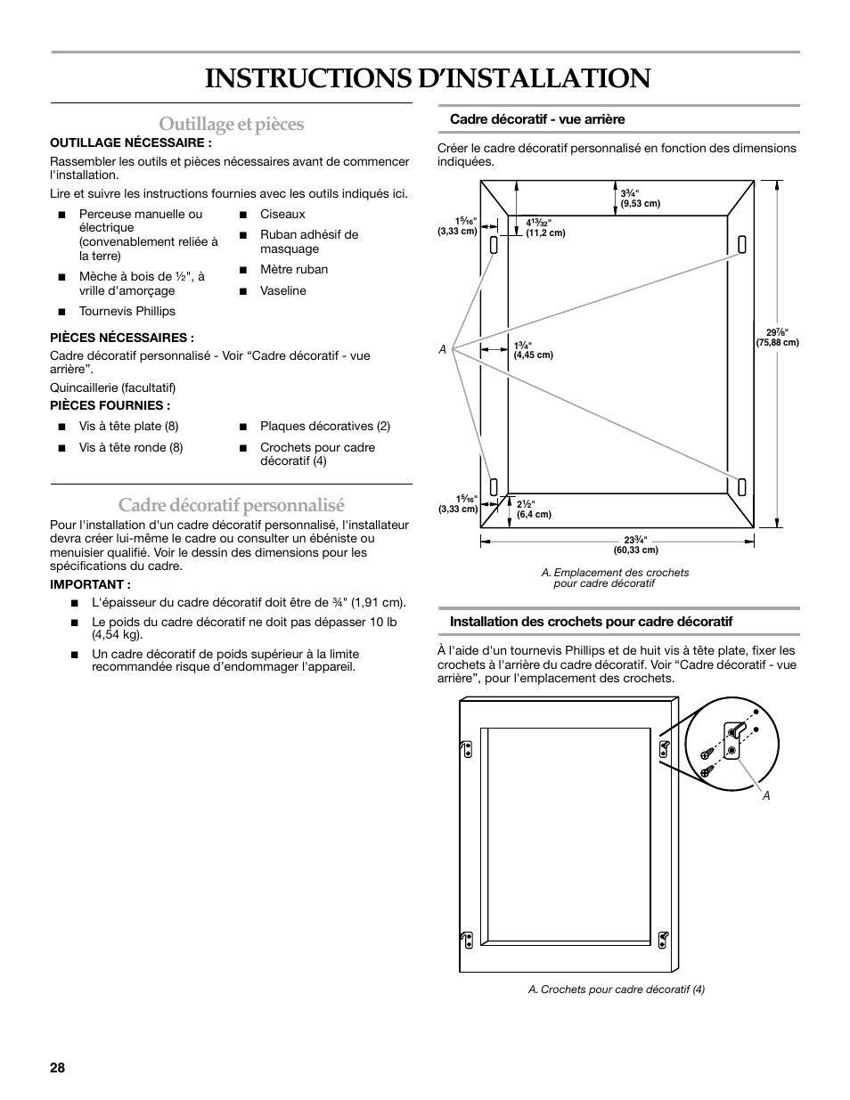 Instructions d’installation, Outillage et pièces, Cadre décoratif personnalisé | KITCHENAID KUWO24LSBX User Manual | Page 28 / 40