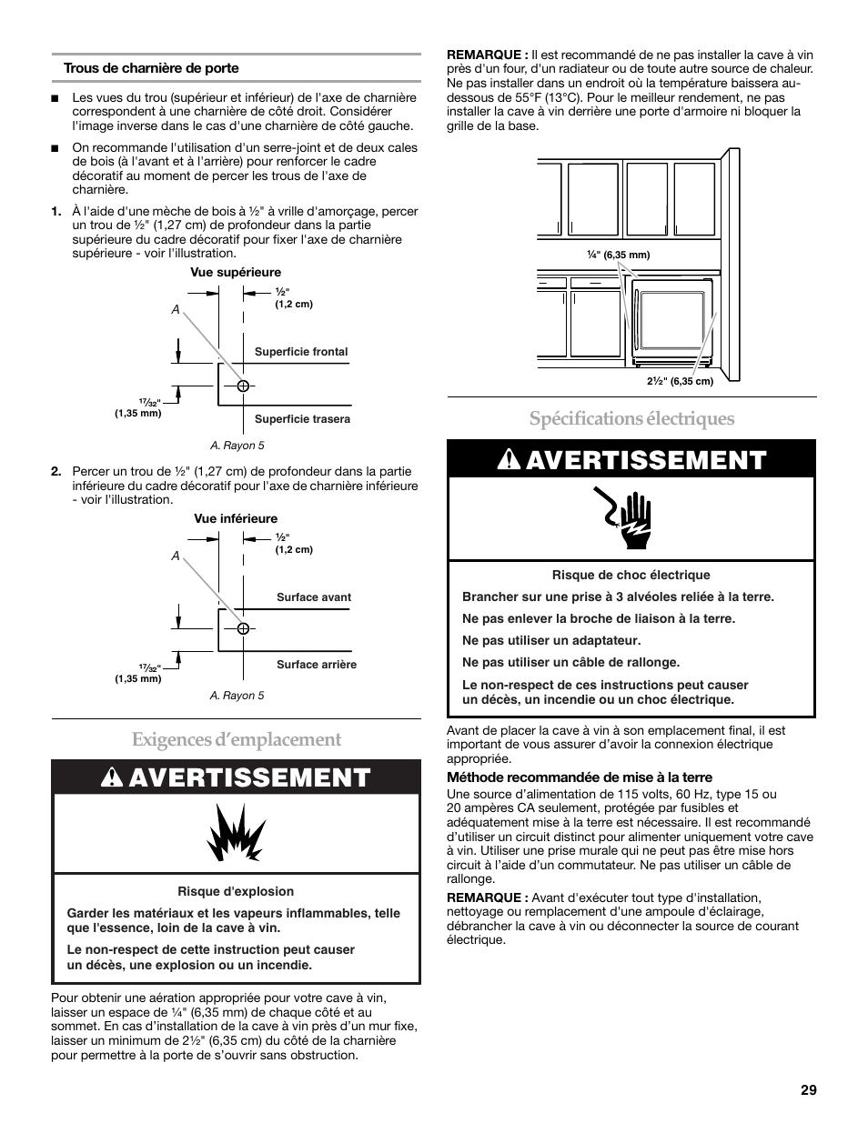 Avertissement, Exigences d’emplacement, Spécifications électriques | KITCHENAID KUWO24LSBX User Manual | Page 29 / 40
