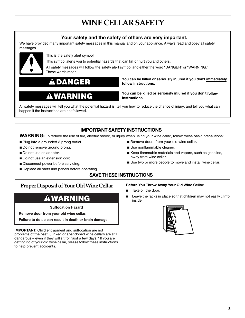 Wine cellar, Safety, Danger warning | Warning, Proper disposal of your old wine cellar | KITCHENAID KUWO24LSBX User Manual | Page 3 / 40