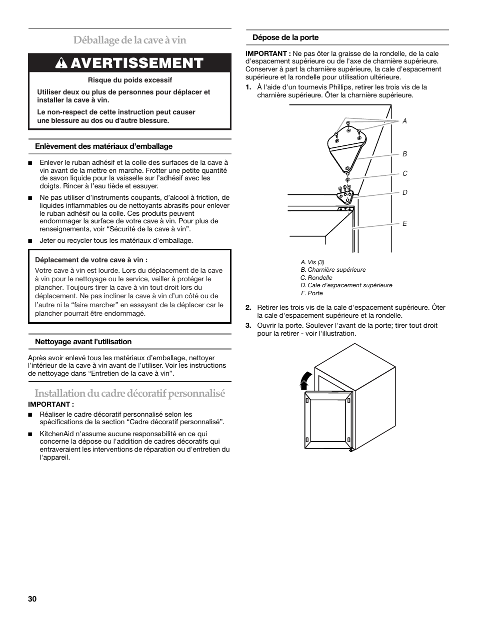 Avertissement, Déballage de la cave à vin, Installation du cadre décoratif personnalisé | KITCHENAID KUWO24LSBX User Manual | Page 30 / 40