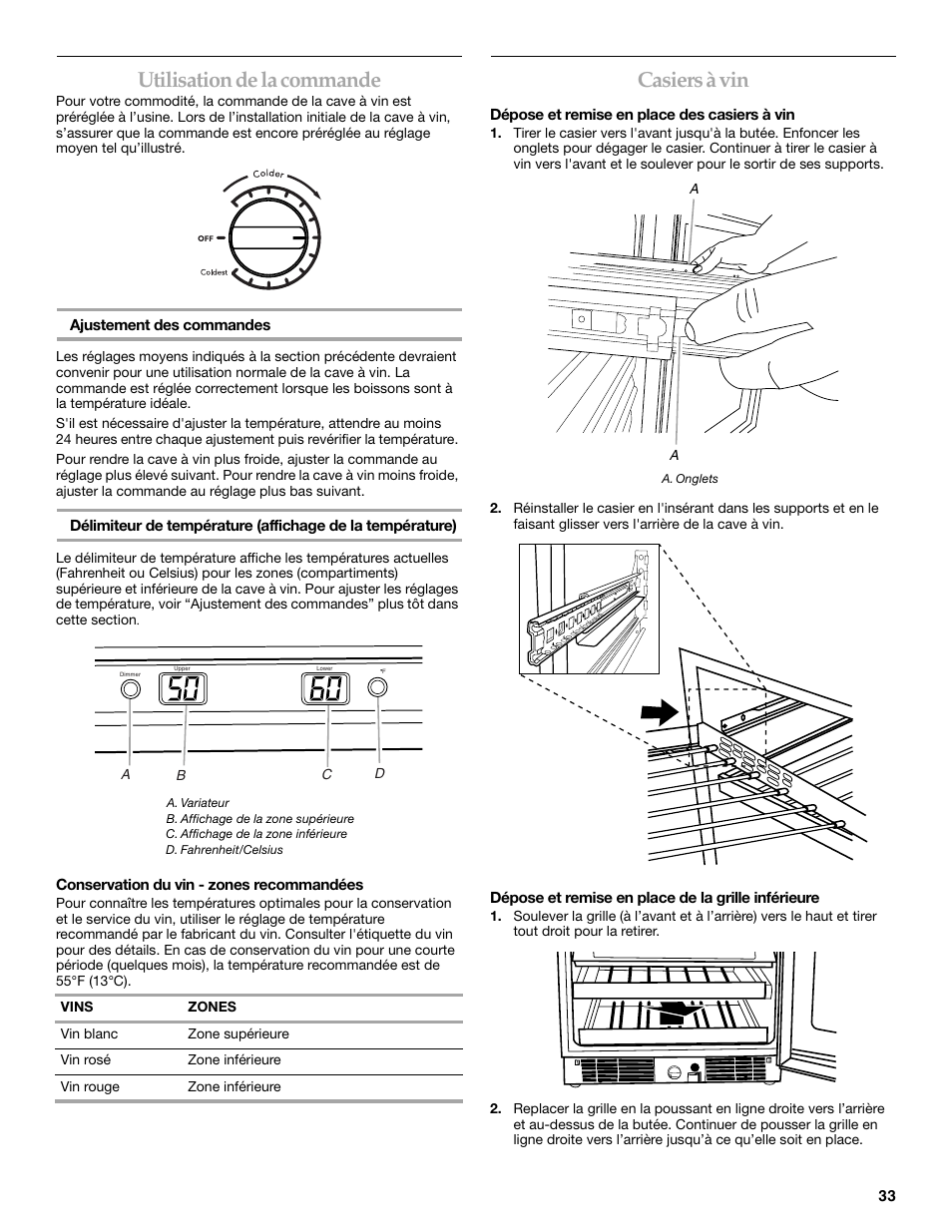 Utilisation de la commande, Casiers à vin | KITCHENAID KUWO24LSBX User Manual | Page 33 / 40