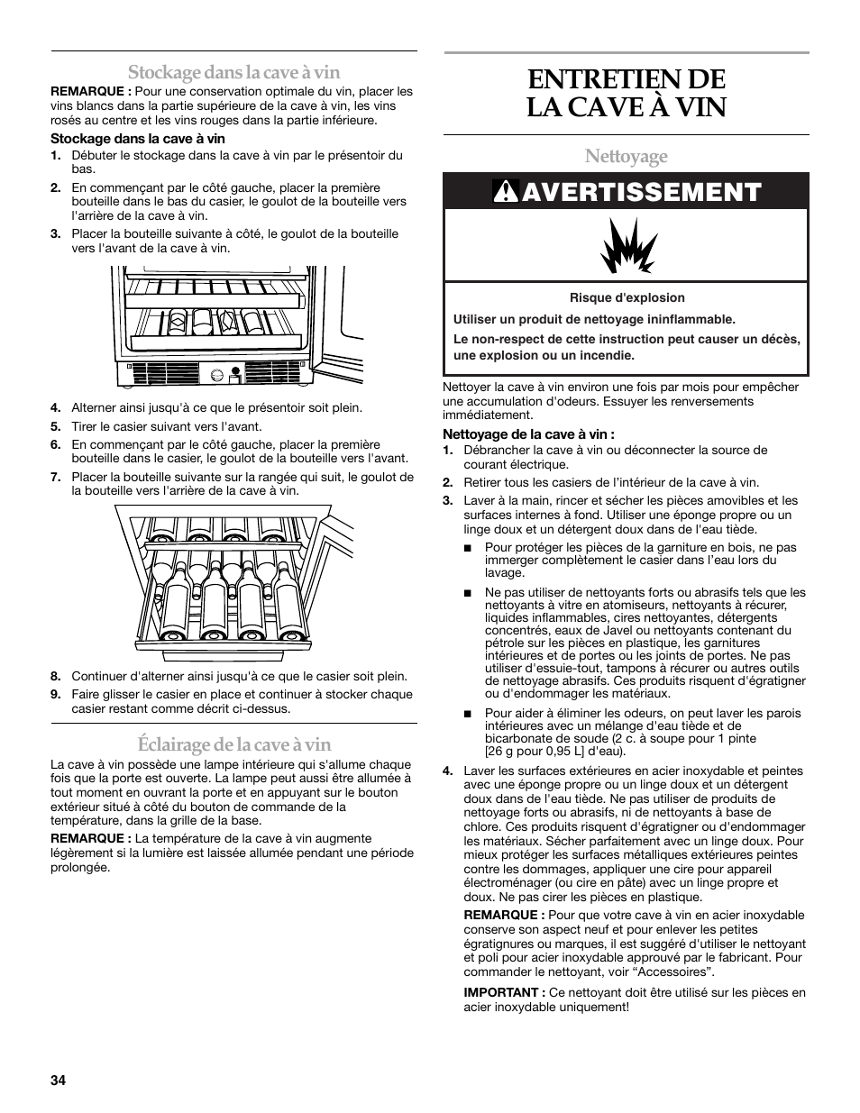 Entretien de la cave à vin, Avertissement, Stockage dans la cave à vin | Éclairage de la cave à vin, Nettoyage | KITCHENAID KUWO24LSBX User Manual | Page 34 / 40