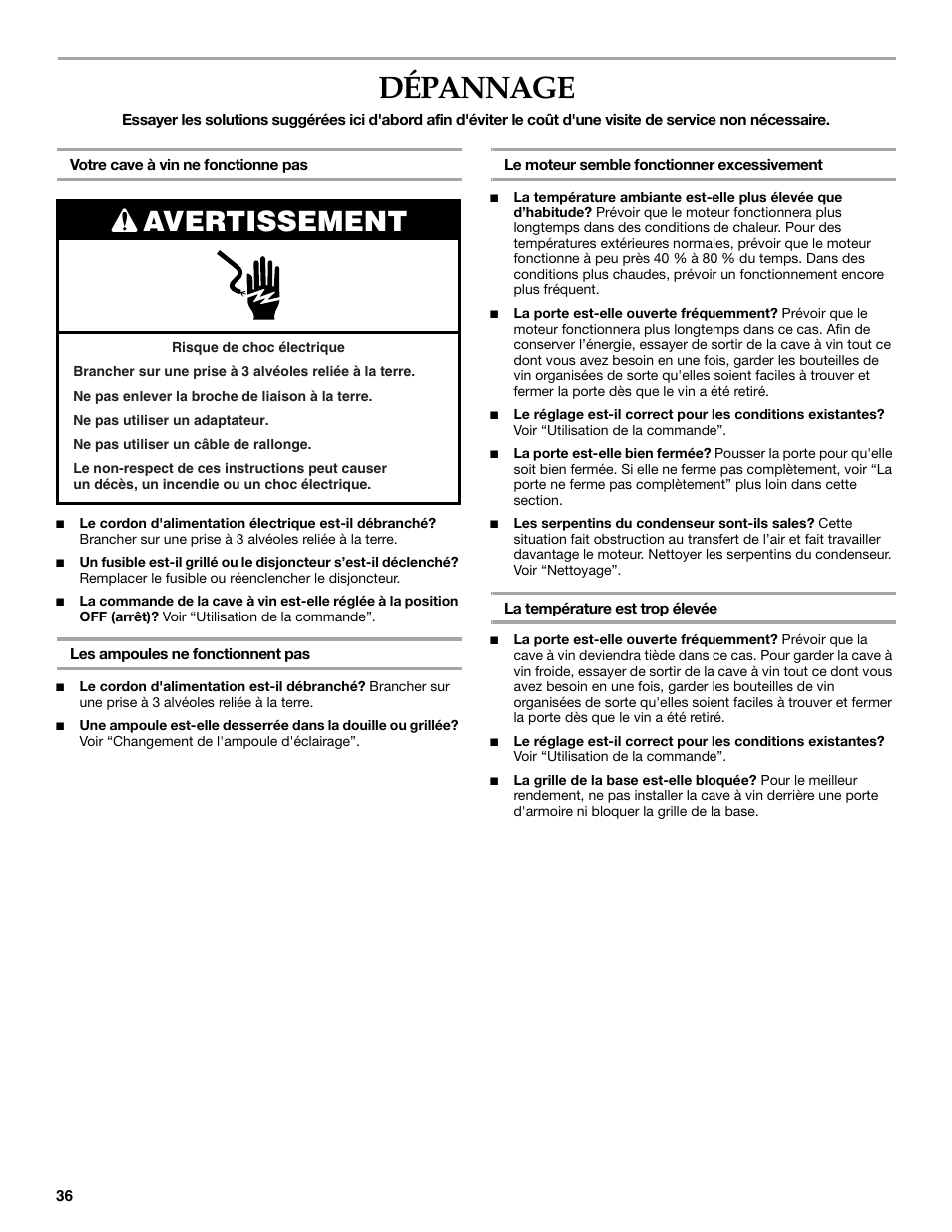 Dépannage, Avertissement | KITCHENAID KUWO24LSBX User Manual | Page 36 / 40