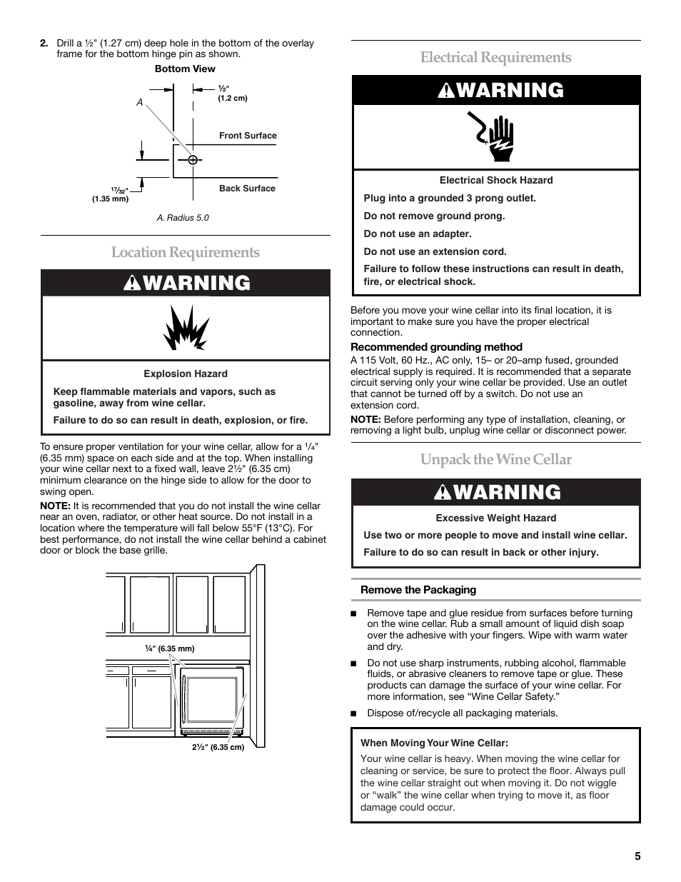 Warning, Location requirements, Electrical requirements | Unpack the wine cellar | KITCHENAID KUWO24LSBX User Manual | Page 5 / 40