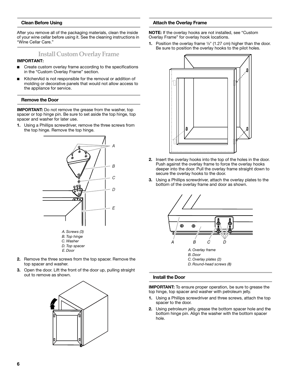Install custom overlay frame | KITCHENAID KUWO24LSBX User Manual | Page 6 / 40