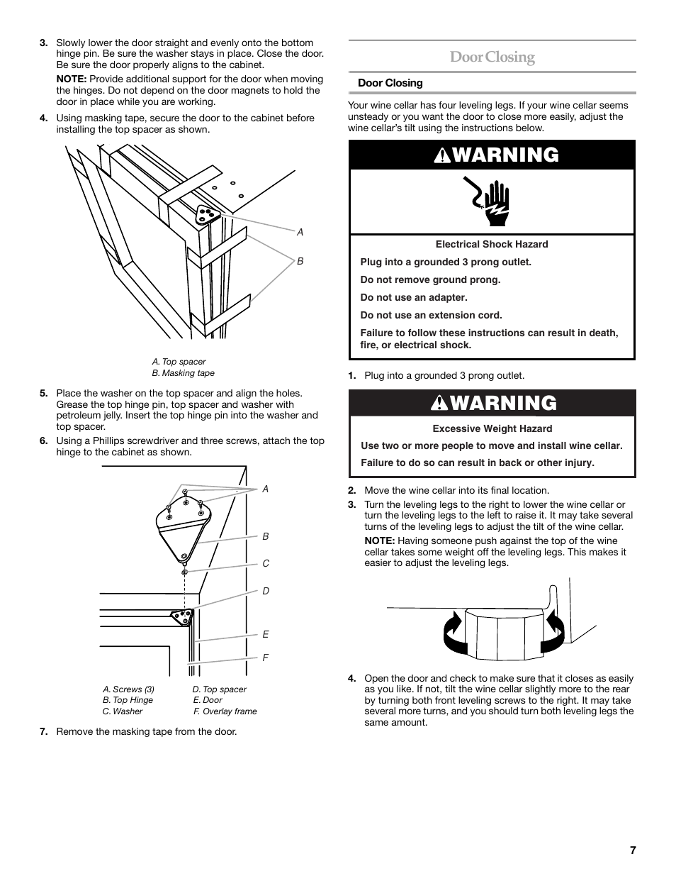Warning, Door closing | KITCHENAID KUWO24LSBX User Manual | Page 7 / 40