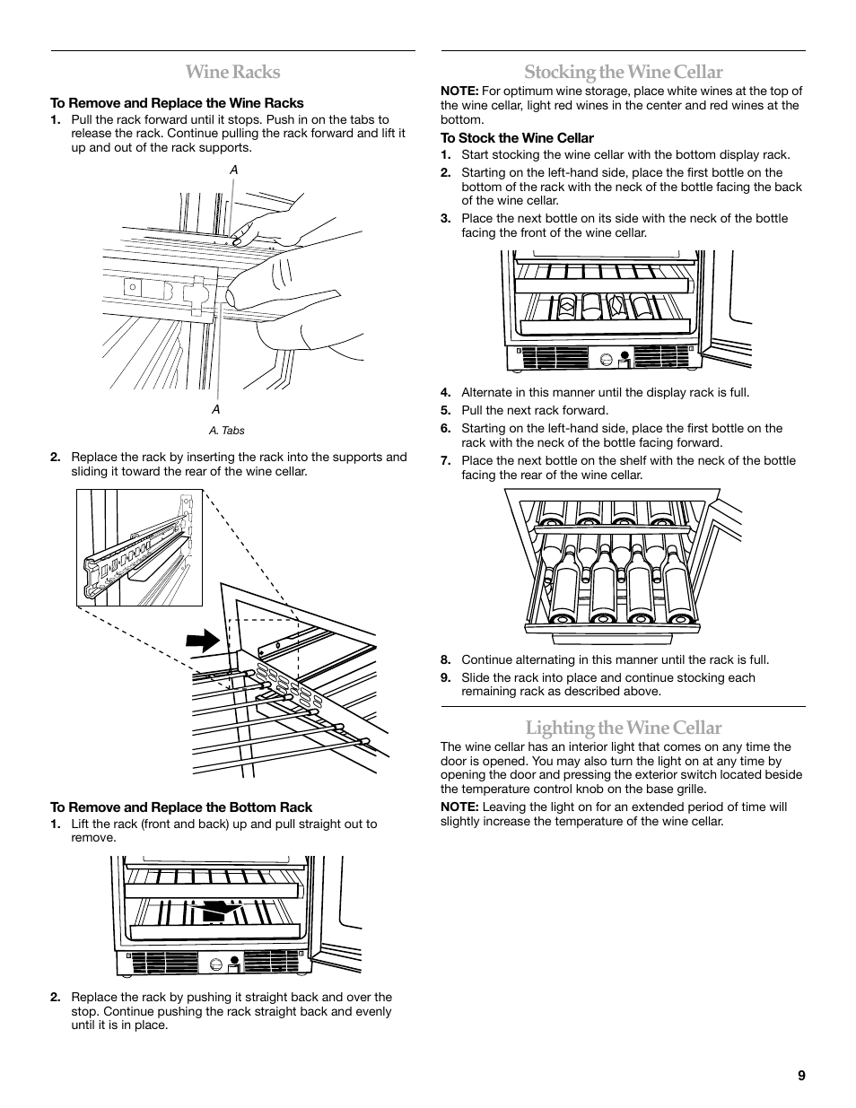 Wine racks, Stocking the wine cellar, Lighting the wine cellar | KITCHENAID KUWO24LSBX User Manual | Page 9 / 40