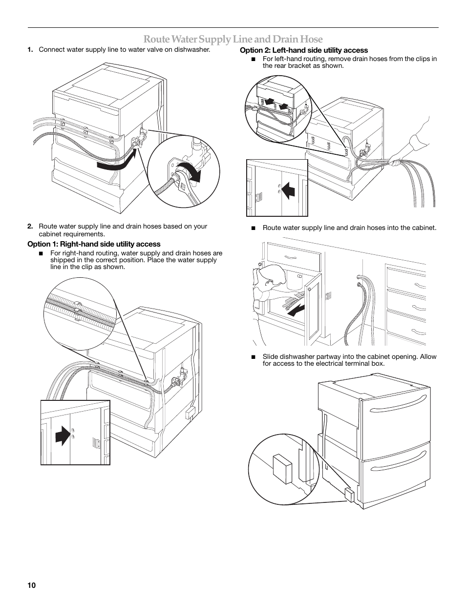 Route water supply line and drain hose | KITCHENAID W10118037B User Manual | Page 10 / 52