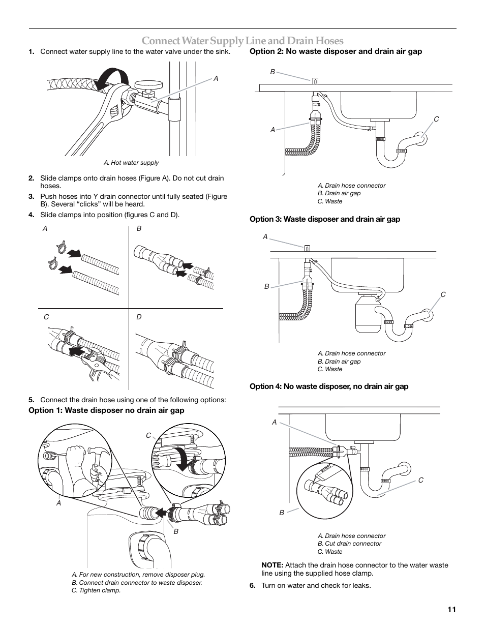 Connect water supply line and drain hoses | KITCHENAID W10118037B User Manual | Page 11 / 52
