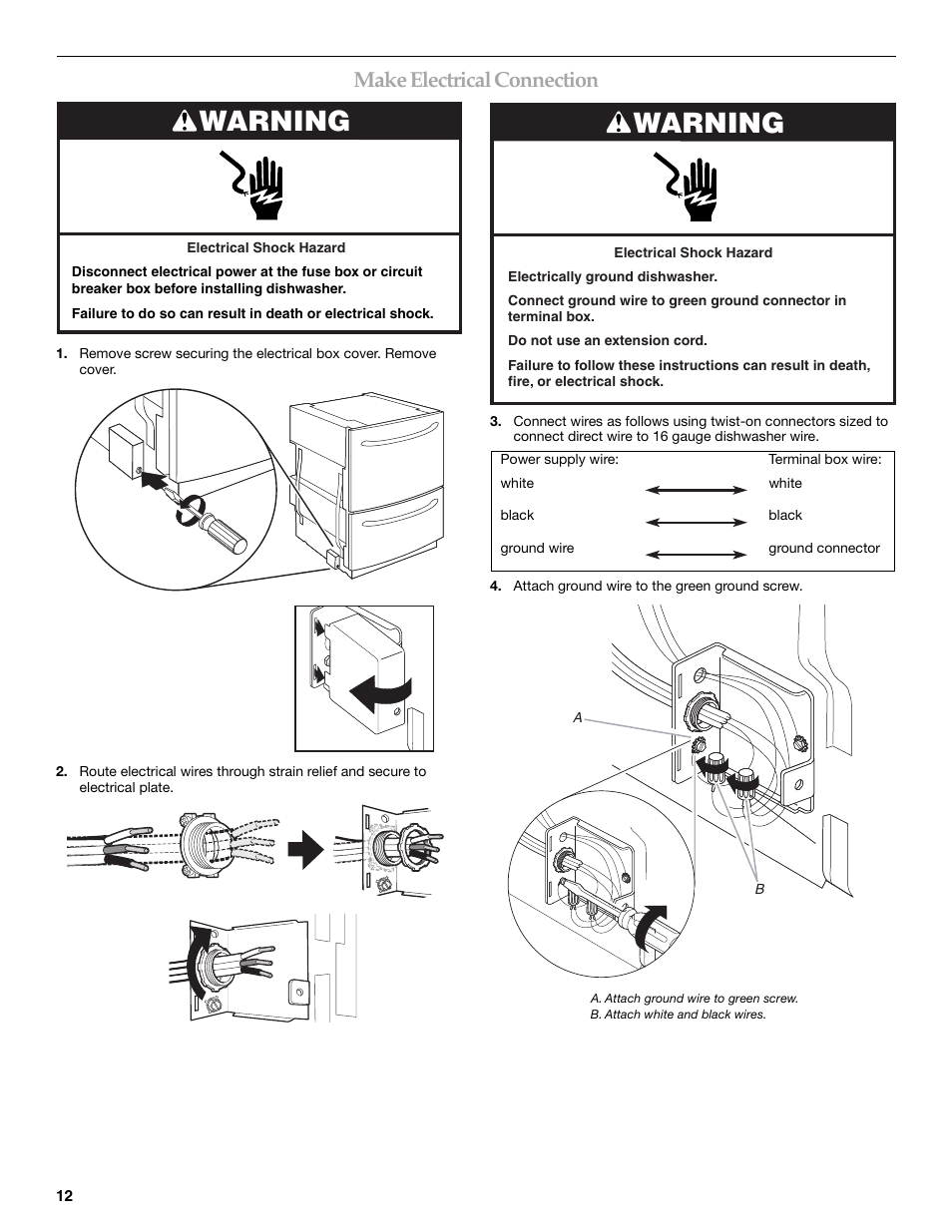 Warning, Make electrical connection | KITCHENAID W10118037B User Manual | Page 12 / 52