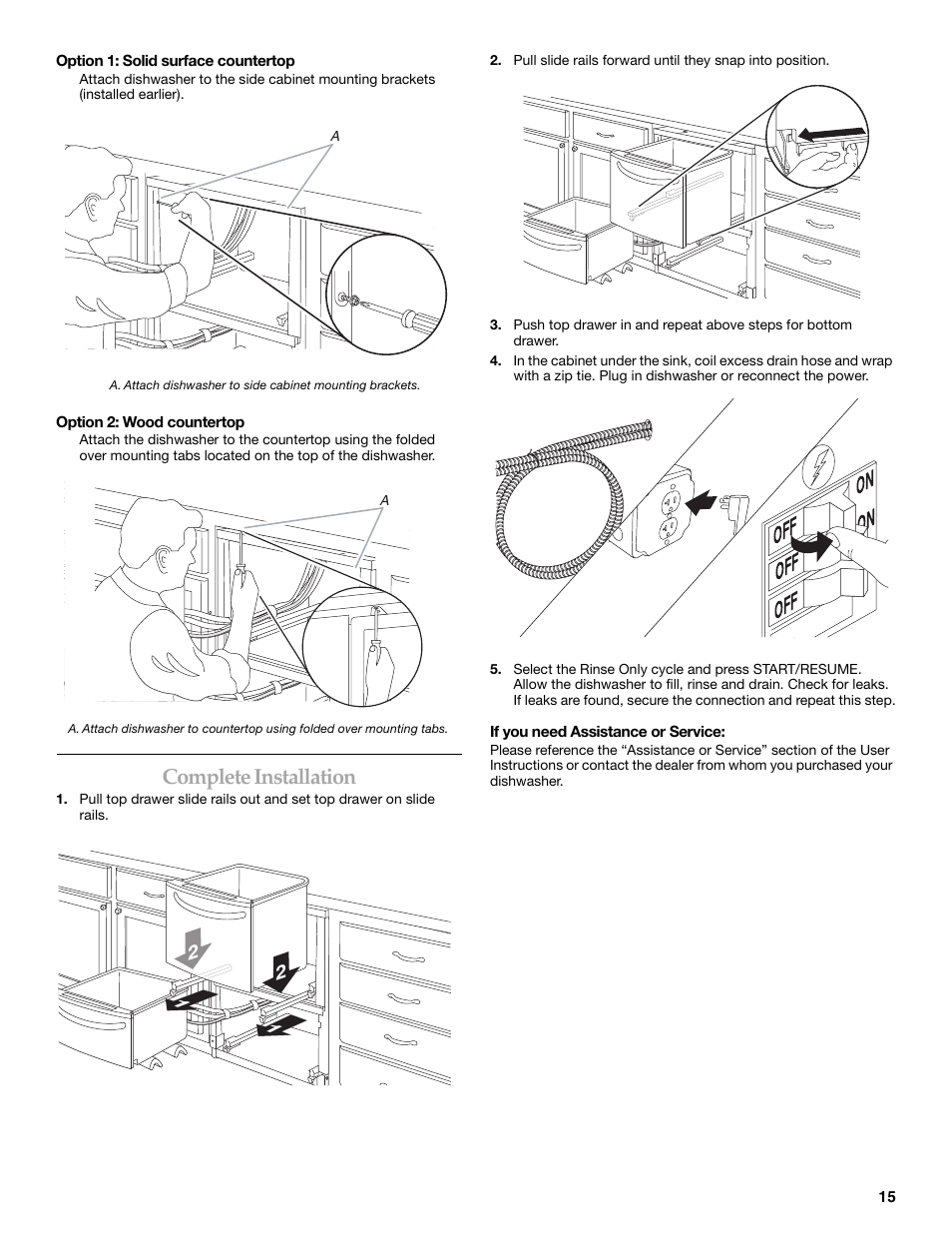 On off on off off, Complete installation | KITCHENAID W10118037B User Manual | Page 15 / 52