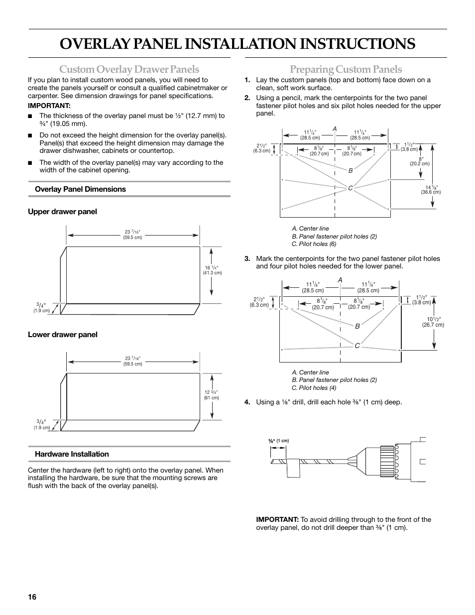 Overlay panel installation instructions, Custom overlay drawer panels, Preparing custom panels | KITCHENAID W10118037B User Manual | Page 16 / 52