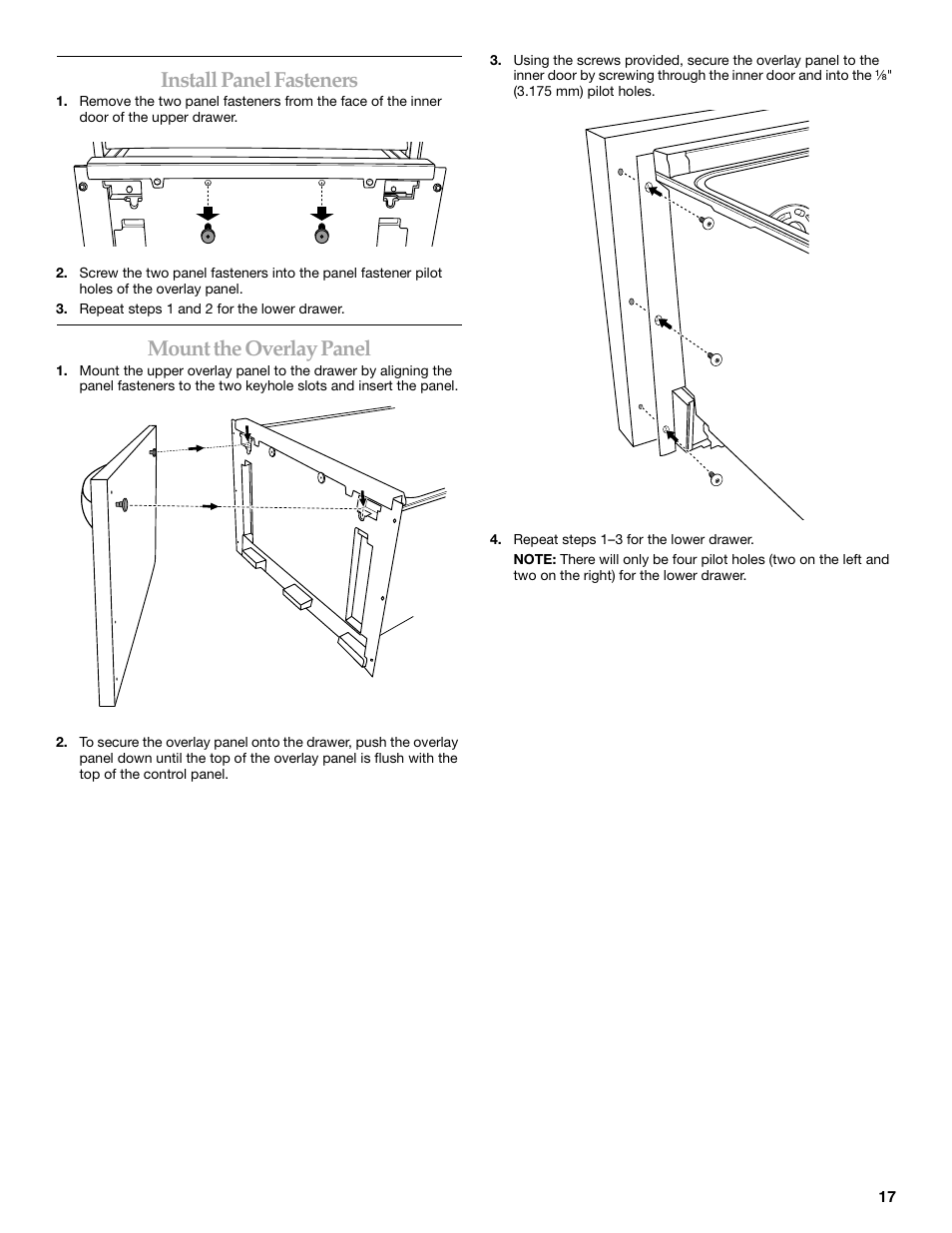 Install panel fasteners, Mount the overlay panel | KITCHENAID W10118037B User Manual | Page 17 / 52