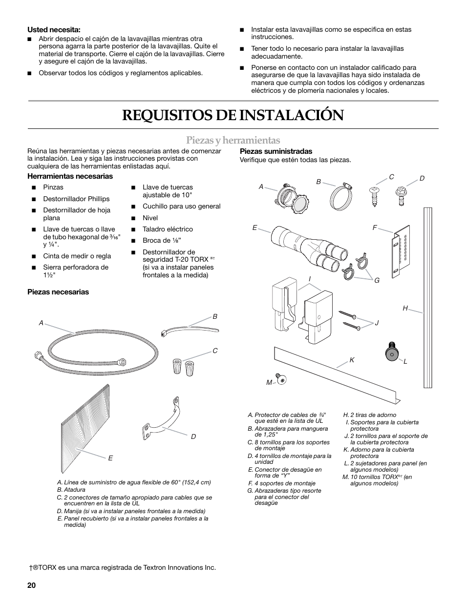 Requisitos de instalación, Piezas y herramientas | KITCHENAID W10118037B User Manual | Page 20 / 52