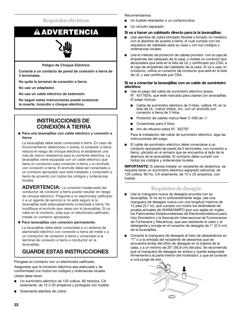 Advertencia, Requisitos eléctricos, Requisitos de desagüe | KITCHENAID W10118037B User Manual | Page 22 / 52