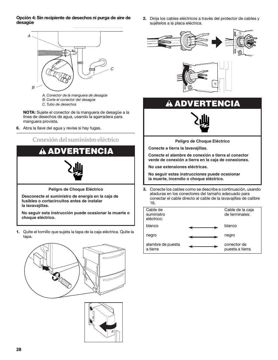 Advertencia, Conexión del suministro eléctrico | KITCHENAID W10118037B User Manual | Page 28 / 52