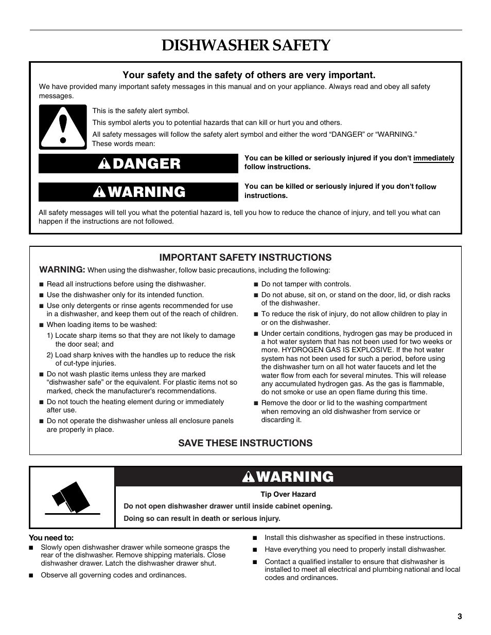 Dishwasher safety, Danger warning, Warning | Important safety instructions, Save these instructions | KITCHENAID W10118037B User Manual | Page 3 / 52