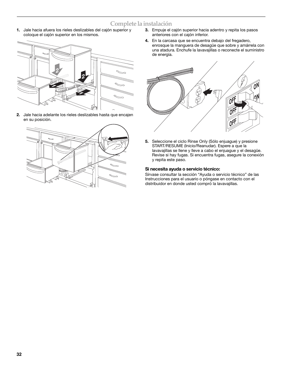 On off on off off, Complete la instalación | KITCHENAID W10118037B User Manual | Page 32 / 52