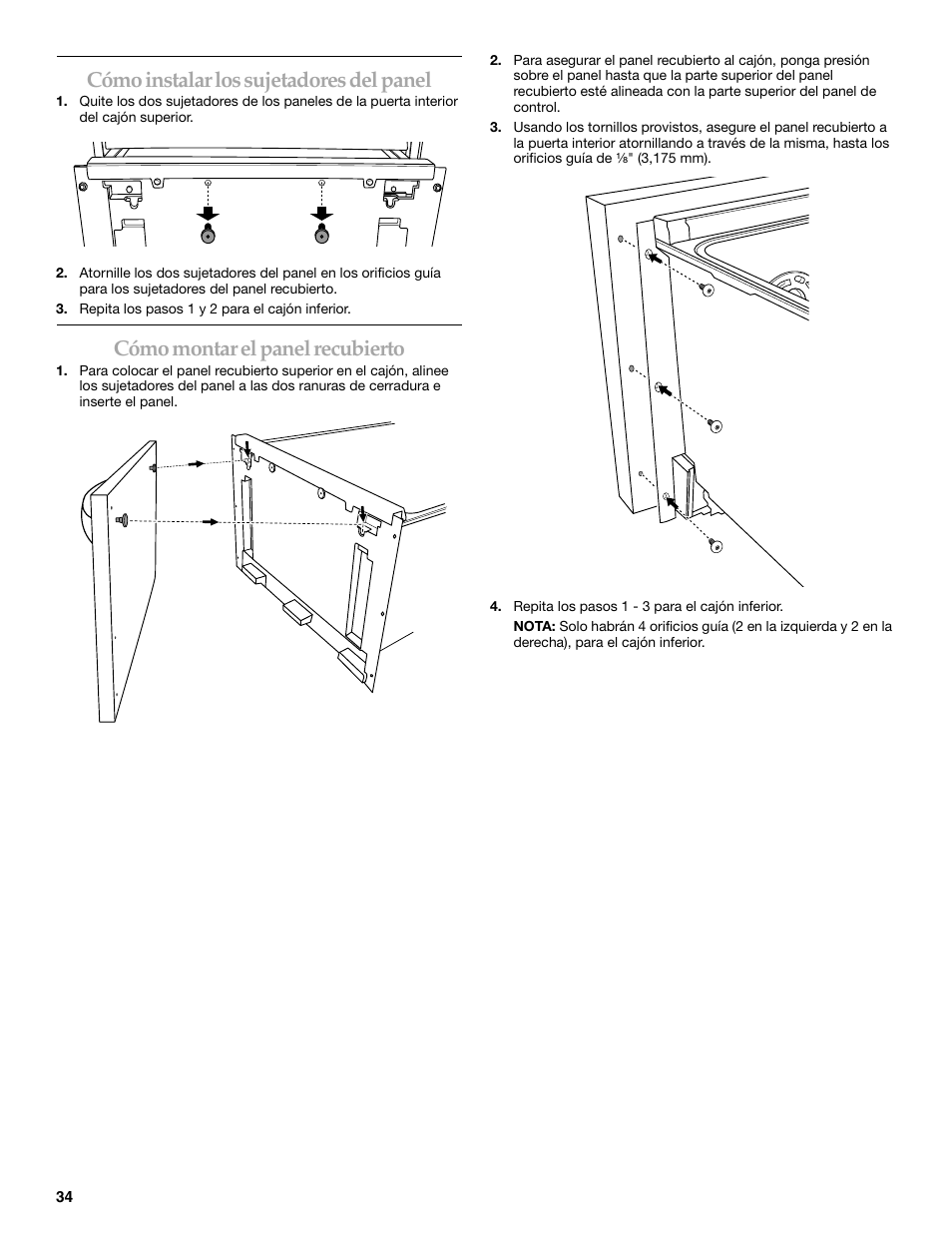 Cómo instalar los sujetadores del panel, Cómo montar el panel recubierto | KITCHENAID W10118037B User Manual | Page 34 / 52