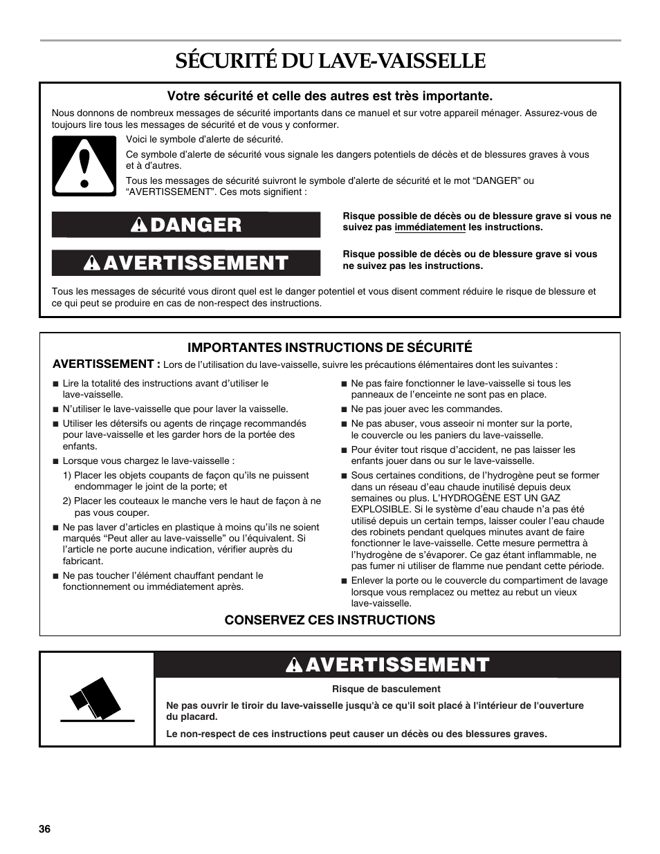 Sécurité du lave-vaisselle, Avertissement danger, Avertissement | KITCHENAID W10118037B User Manual | Page 36 / 52