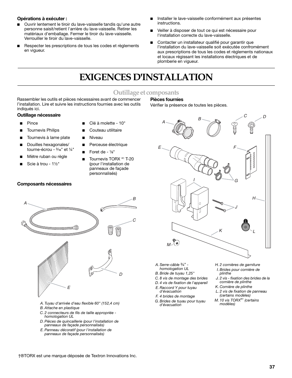 Exigences d'installation, Outillage et composants | KITCHENAID W10118037B User Manual | Page 37 / 52