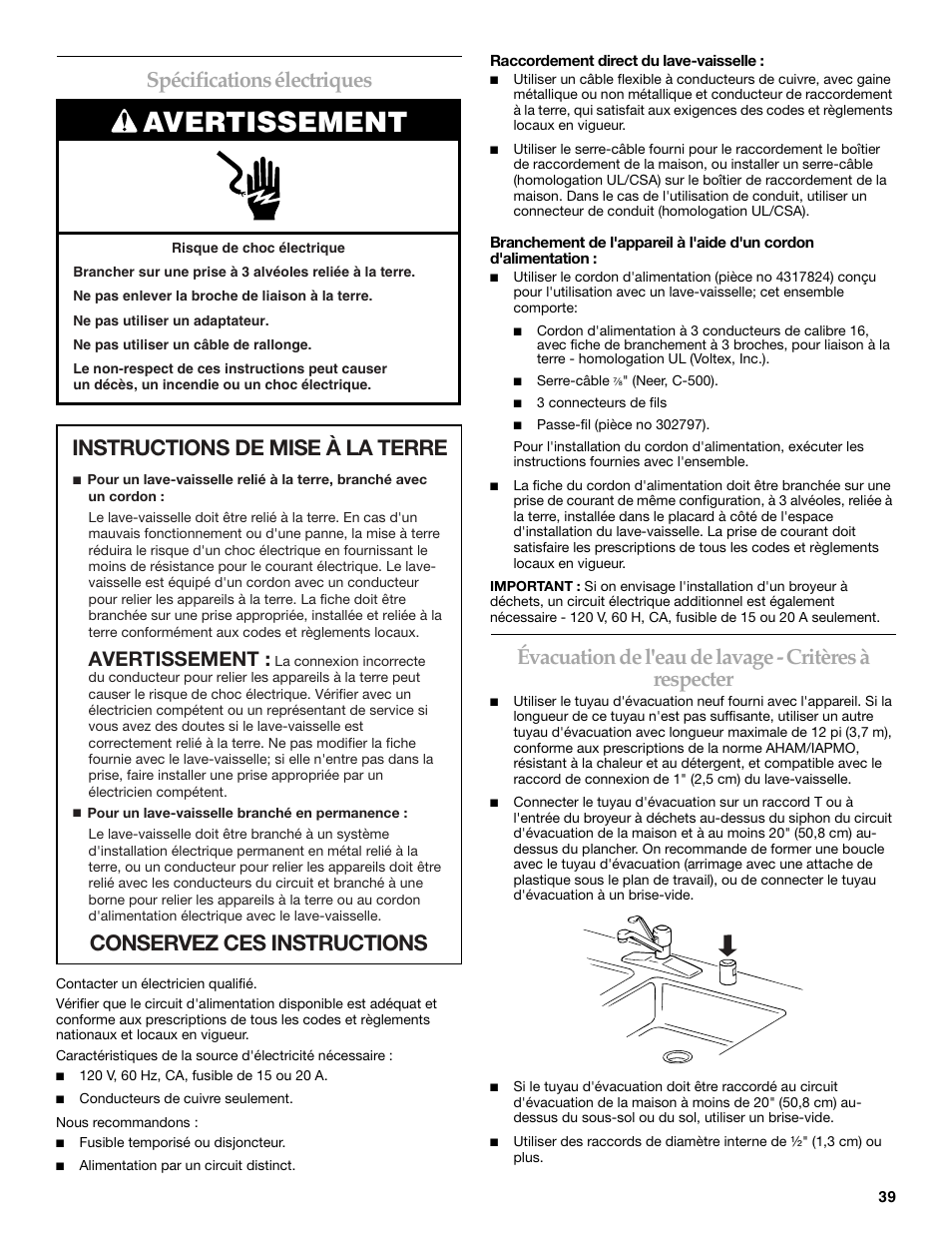 Avertissement, Spécifications électriques | KITCHENAID W10118037B User Manual | Page 39 / 52