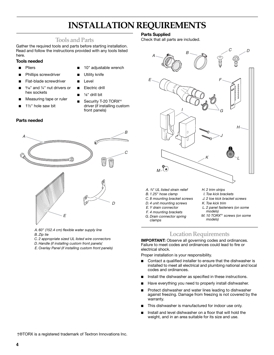 Installation requirements, Tools and parts, Location requirements | KITCHENAID W10118037B User Manual | Page 4 / 52