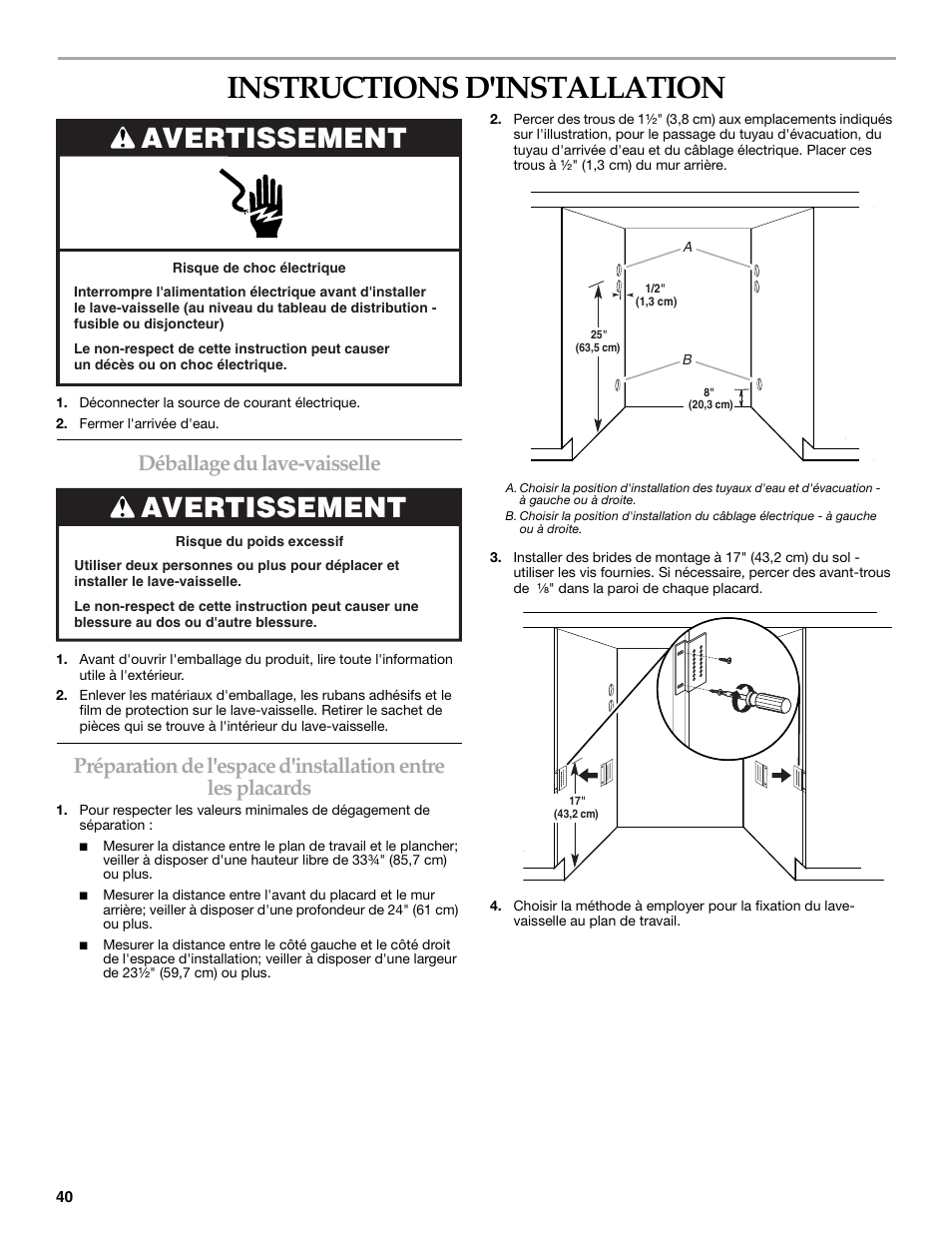 Instructions d'installation, Avertissement, Déballage du lave-vaisselle | KITCHENAID W10118037B User Manual | Page 40 / 52