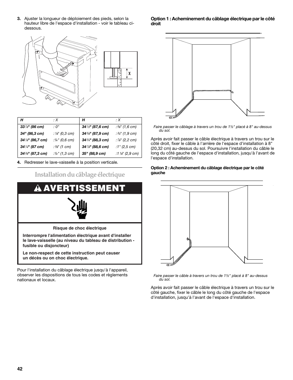 Avertissement, Installation du câblage électrique | KITCHENAID W10118037B User Manual | Page 42 / 52