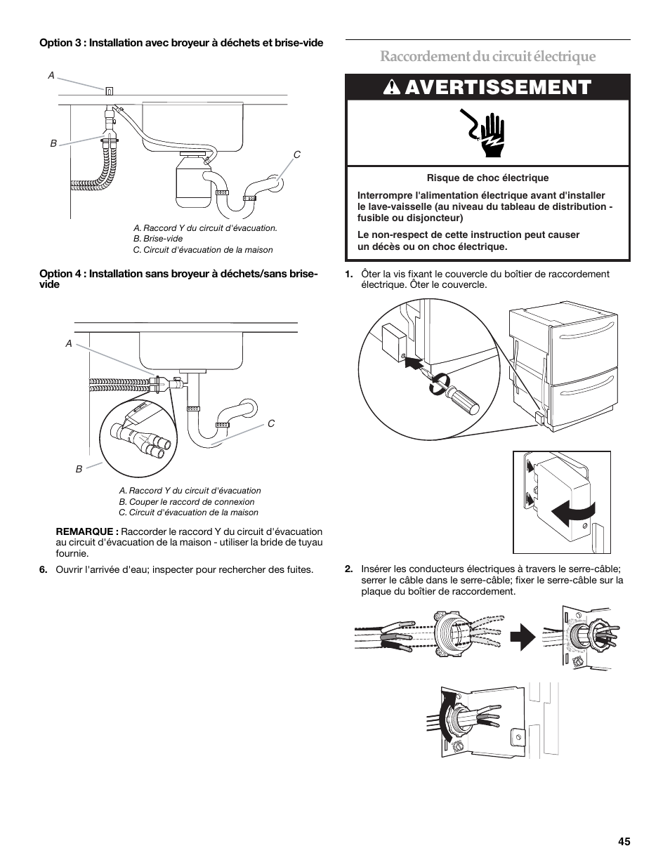 Avertissement, Raccordement du circuit électrique | KITCHENAID W10118037B User Manual | Page 45 / 52