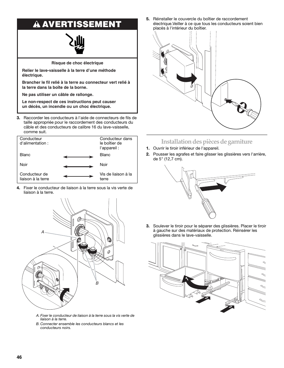 Avertissement, Installation des pièces de garniture | KITCHENAID W10118037B User Manual | Page 46 / 52