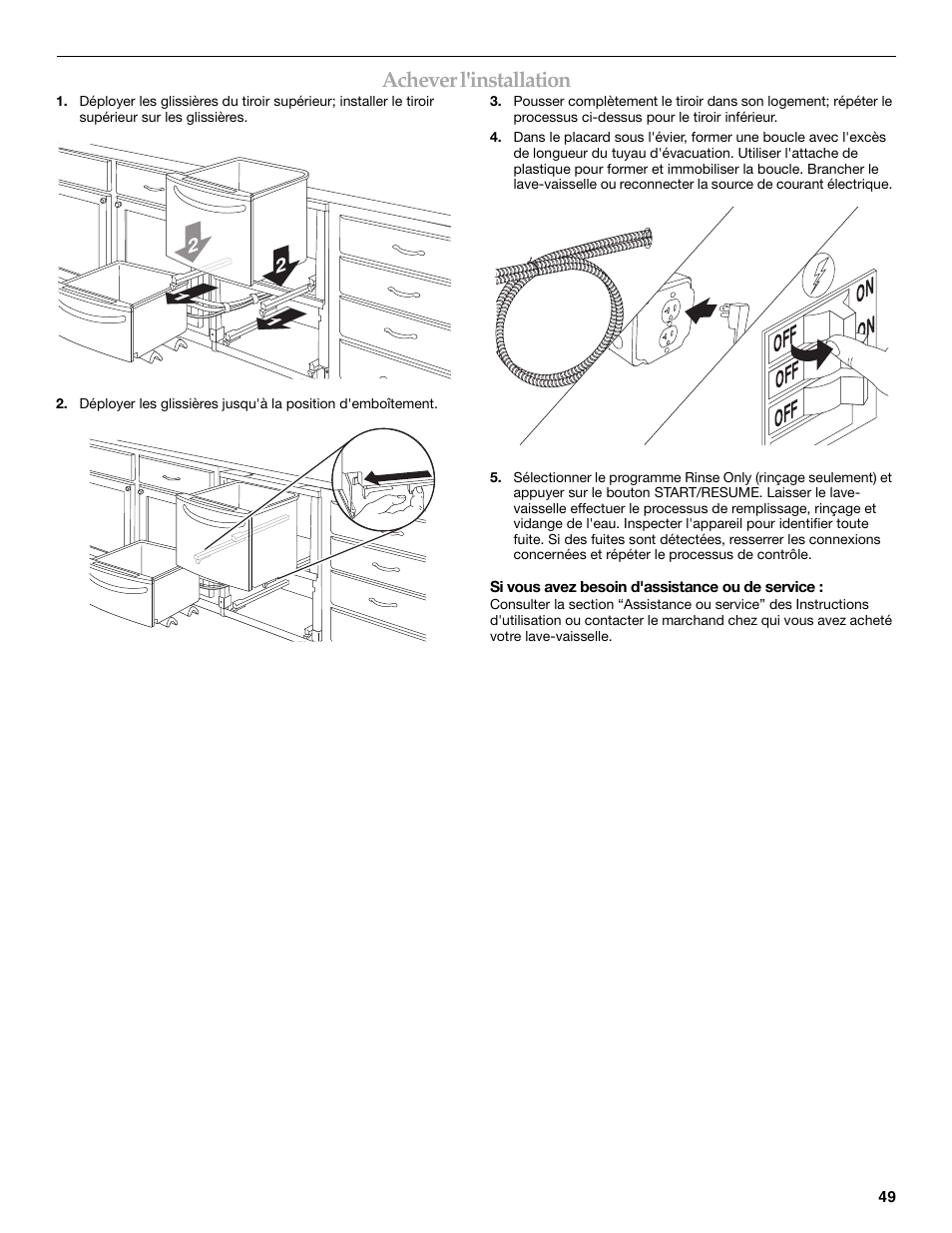 On off on off off, Achever l'installation | KITCHENAID W10118037B User Manual | Page 49 / 52