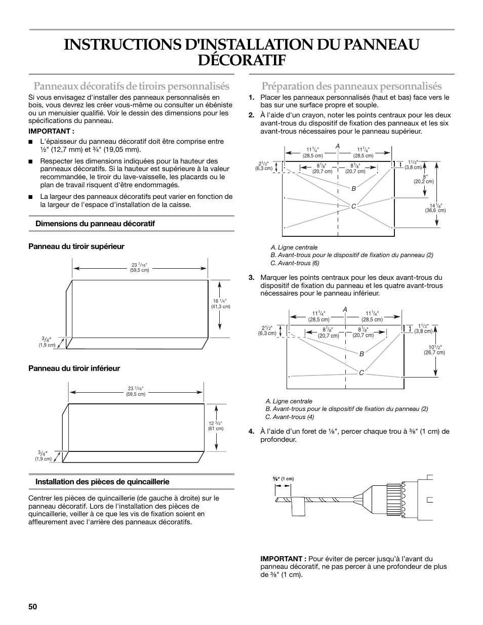 Instructions d'installation du panneau décoratif, Panneaux décoratifs de tiroirs personnalisés, Préparation des panneaux personnalisés | KITCHENAID W10118037B User Manual | Page 50 / 52