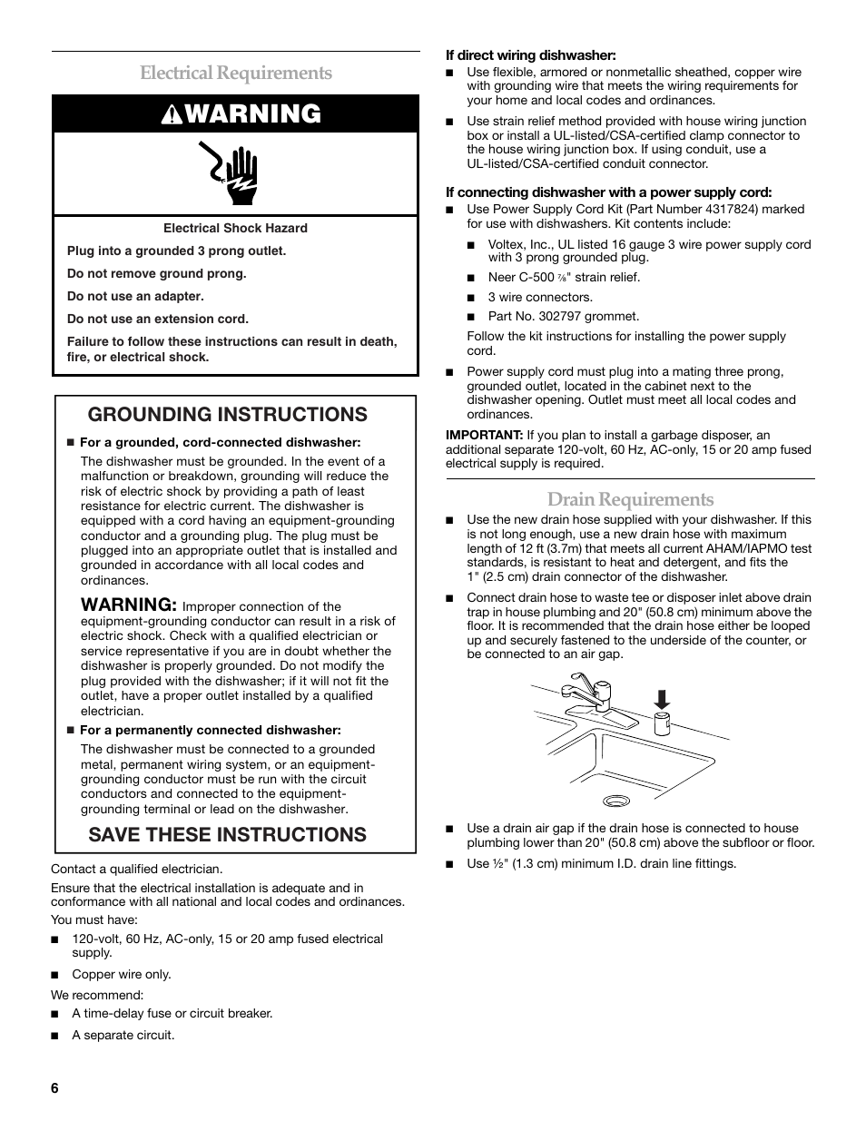 Warning, Electrical requirements, Drain requirements | Grounding instructions save these instructions | KITCHENAID W10118037B User Manual | Page 6 / 52