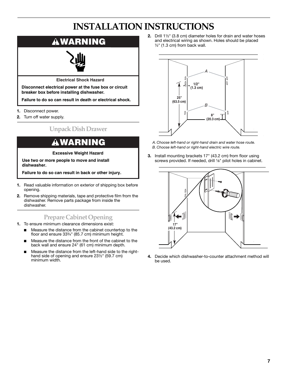 Installation instructions, Warning, Unpack dish drawer | Prepare cabinet opening | KITCHENAID W10118037B User Manual | Page 7 / 52