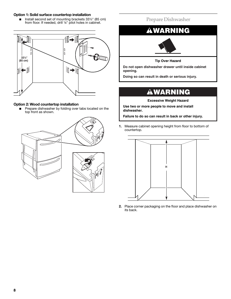 Warning, Prepare dishwasher | KITCHENAID W10118037B User Manual | Page 8 / 52