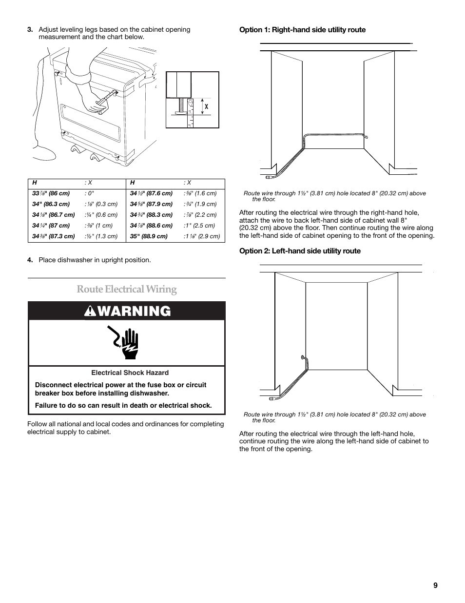 Warning, Route electrical wiring | KITCHENAID W10118037B User Manual | Page 9 / 52