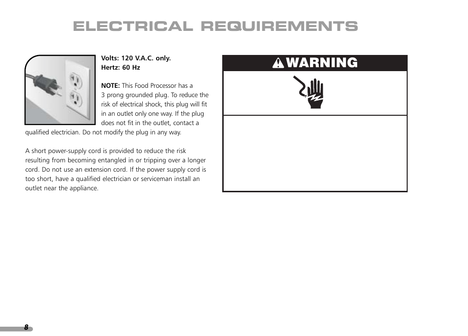 Electrical requirements warning | KITCHENAID KPFP850 User Manual | Page 10 / 99