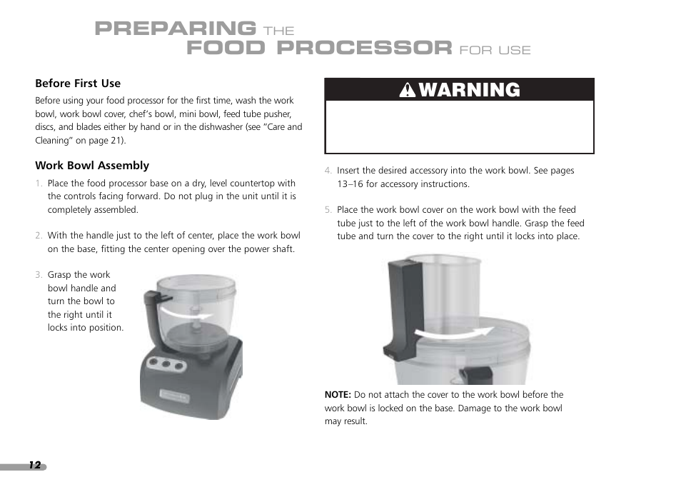 Warning, Preparing, Food processor | KITCHENAID KPFP850 User Manual | Page 14 / 99