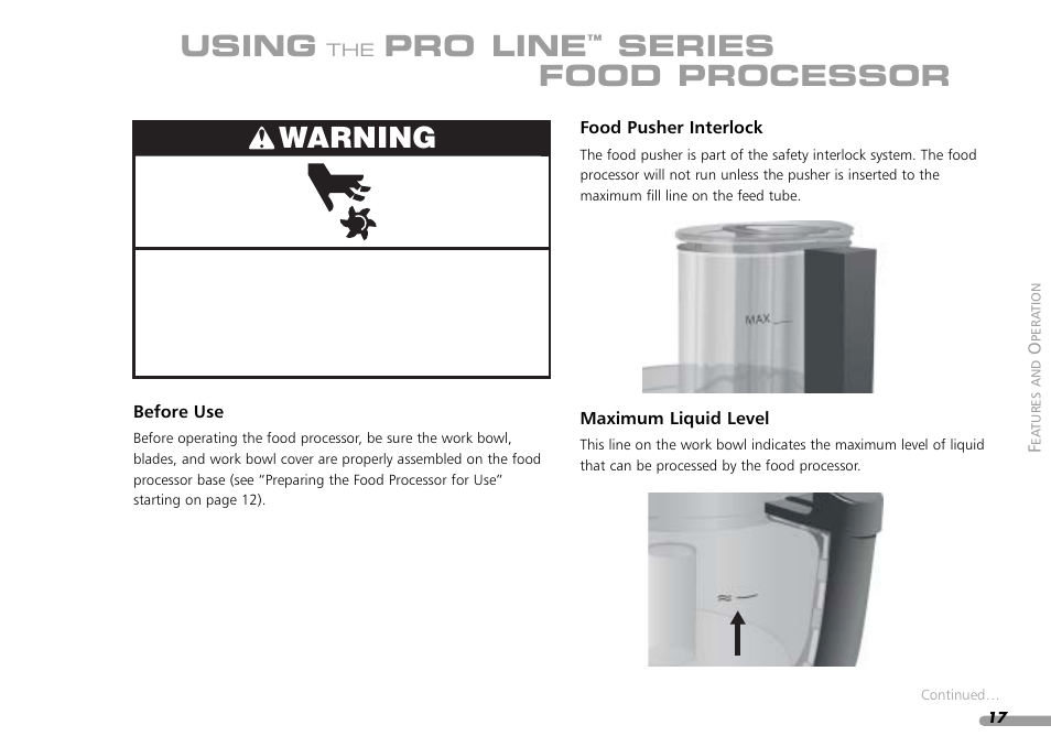 Using, Pro line, Series food processor warning | KITCHENAID KPFP850 User Manual | Page 19 / 99