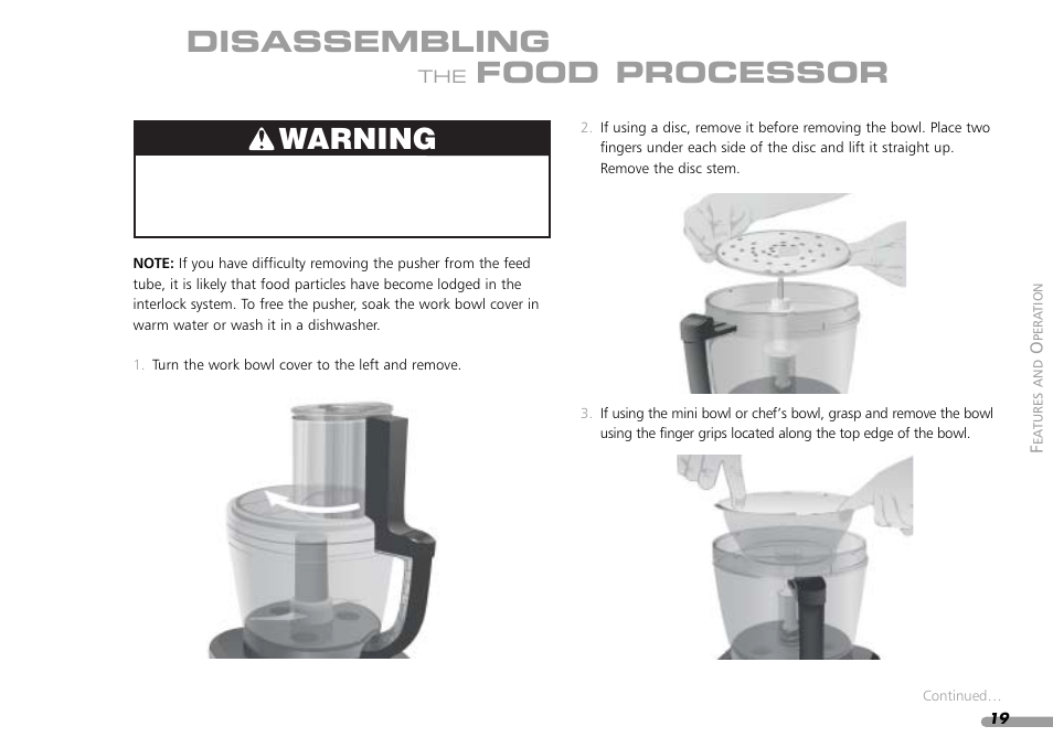 Disassembling, Food processor warning | KITCHENAID KPFP850 User Manual | Page 21 / 99