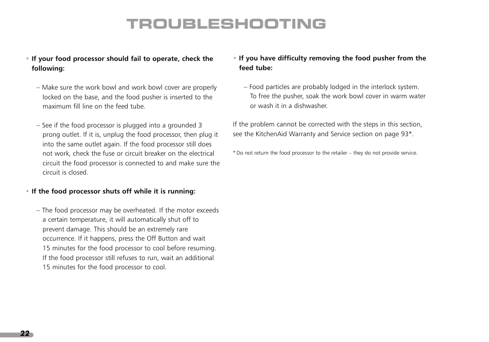 Troubleshooting | KITCHENAID KPFP850 User Manual | Page 24 / 99